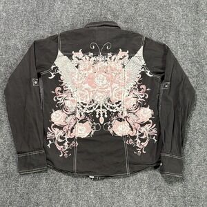 Y2K Cotton Express Button Up Shirt Womens Medium Black Grunge Rose Skater